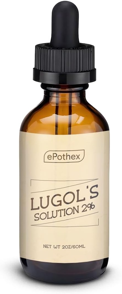 Solution Lugol 2 % 2 oz bouteille goutte en verre. Contient de l'iodure de potassium et de l'iode, 60ml