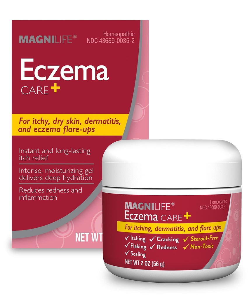 MagniLife Eczema Care+, Gel hydratant pour les démangeaisons, peau sèche, dernier soulagement pour la dermatite et l'eczéma Flare-Ups - Ingrédients naturels Huile d'aloès, calendula et d'arbre à thé - Sans stéroïdes, sans parabène - 2 oz