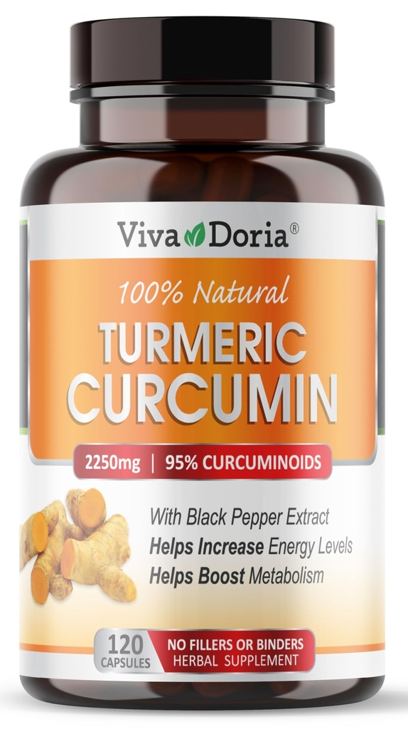Viva Doria Curcumine curcuma avec extrait de poivre noir 2250mg, 95% Curcuminoïdes normalisés - poivre noir pour absorption maximale, 120 Capsules végétales