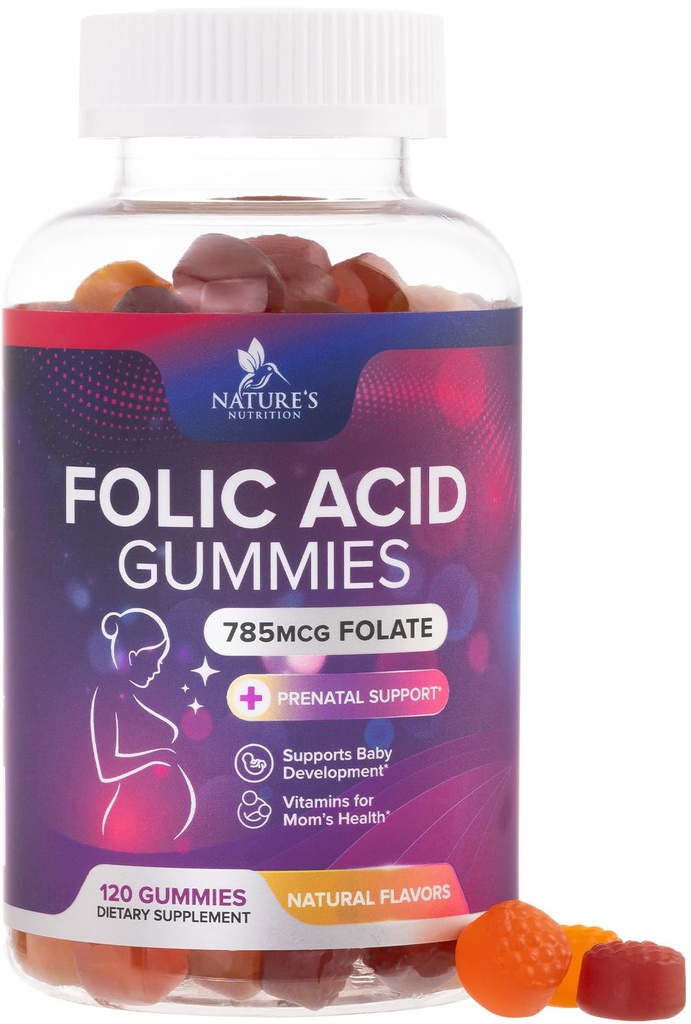 Gommies d'acide folique pour les femmes 785 mcg, Vitamines prénatales essentielles pour maman et bébé, supplément folique végétalien Gommy, vitamine quotidienne B9 Folate extra-fort, avant pendant après la grossesse - 120 Gommies