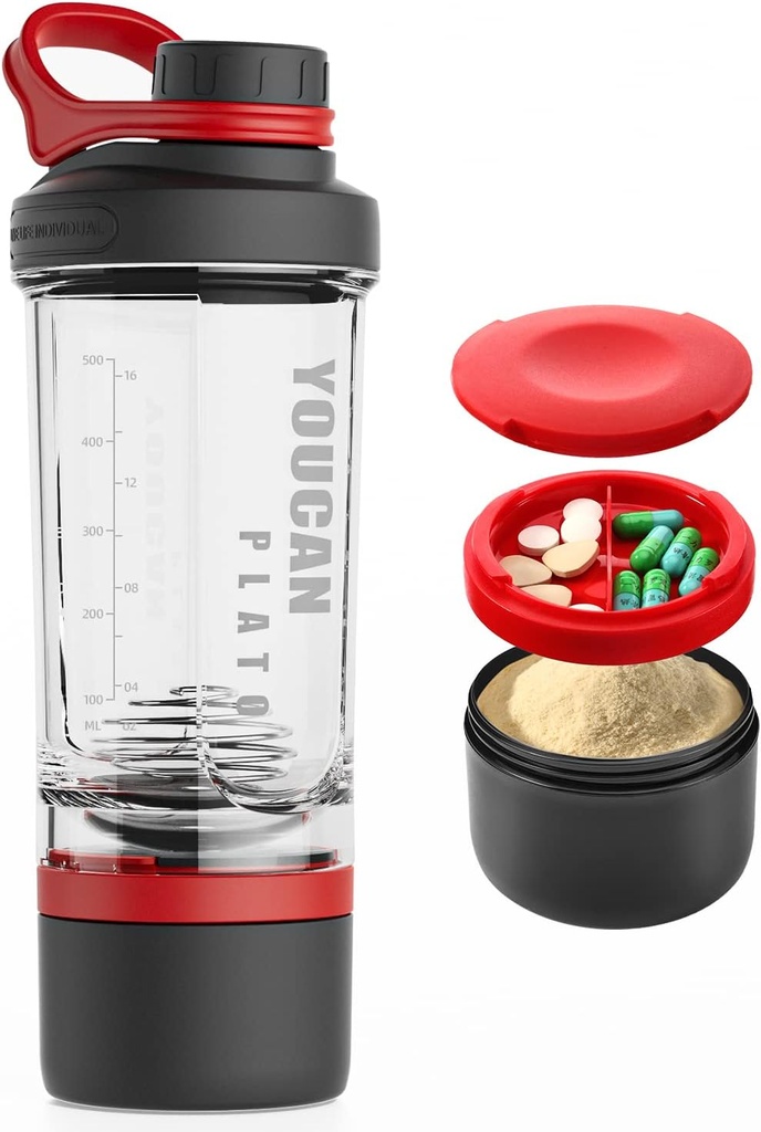 21oz Protein Shaker Bottle mit Pulverlager Container-Shaker Cups für Protein Shakes-pre Workout-Flasche-Mixer Cup-Gym Sport Wasserflasche -Made mit Tritan BPA Free, mit Draht Whisk Balls,Red