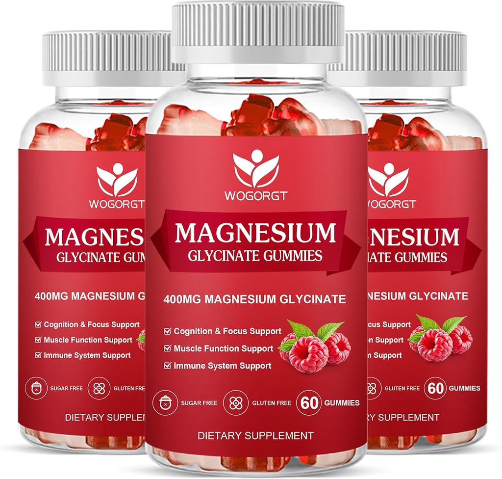 Magnesium Glycinate Gummies - 400mg Magnesium Glycinate Gummy with Vitamin D, B6, and CoQ10, Magnesium Supplement for Relaxation and Cognition, Sugar Free - 60 Raspberry Gummies (3 Pack)