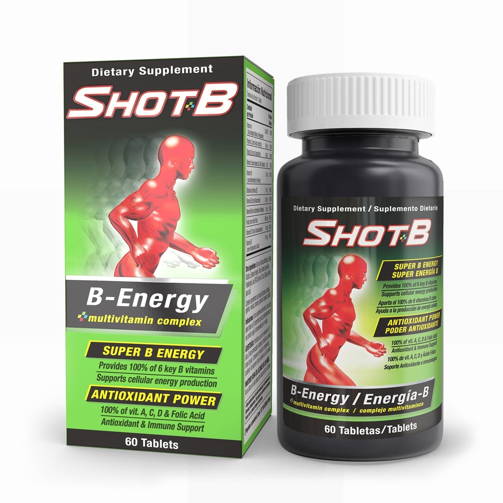 Shot B Multivitamin Complex, B-Energy, Vitamin B Complex with Antioxidant Support, B Complex Vitamins with A, C, D, E & Folic Acid for Cellular Energy & Immune Health - 6 Key B Vitamins, 60 Count