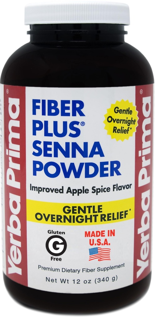 Yerba Prima Fiber Plus Senna Powder, 12 oz (Pack mit 1) - Apple Spice Flavor, Gentle Overnight Relief, USA Made, Non-GMO, Stevia Sweetened, Short-Term Verwendung zur Wiederherstellung der Regelmäßigkeit