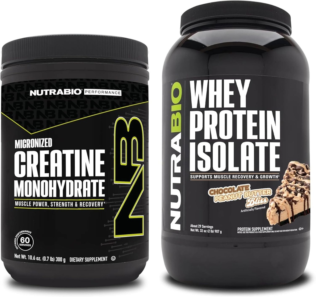 NutraBio Creatine Monohydrate, Unflavored, 300g und Whey Protein Isolate, Schokolade Peanut Butter, Supplement Bundle - Muskelenergie, Lean Muskelwachstum, Erholung und Stärke