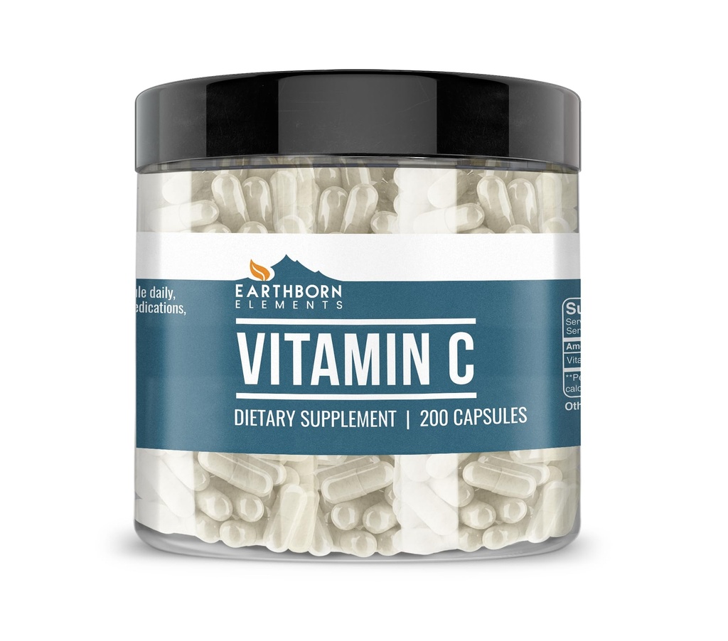 Earthborn Elements Vitamin C 200 Kapseln, Rein & Unverdünnt, keine Zusatzstoffe