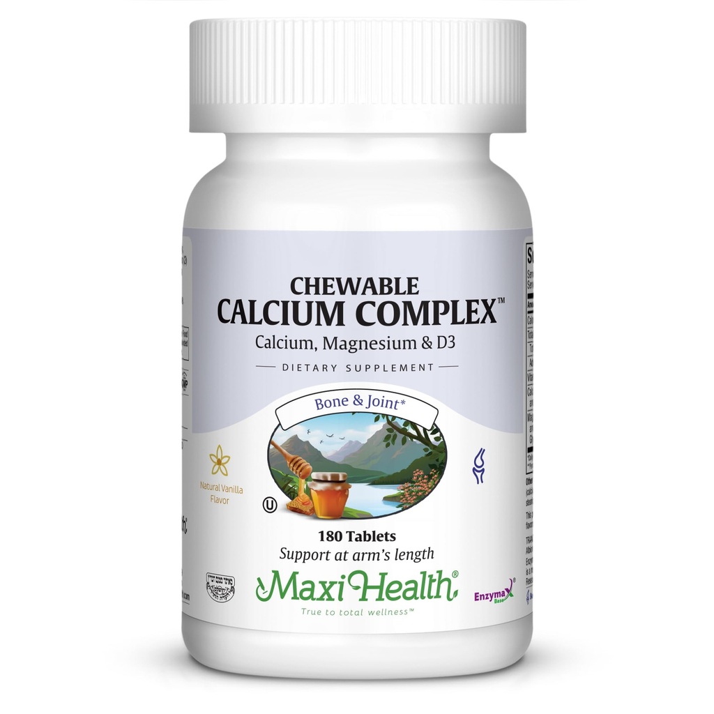 Maxi Health Chocable Calcium Complex – Vanilla Flavor Vitamine D3 et Magnésium Chewables pour aider à soutenir les os – supplément de magnésium et de calcium Kosher pour les femmes et les hommes (180 comte)