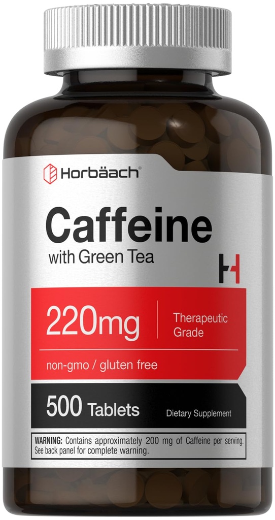 Horbäach Koffein Pillen 220mg mit grünem Tee | 500 Tabletten | Vegetarisch, Non-GMO & Gluten Kostenlos
