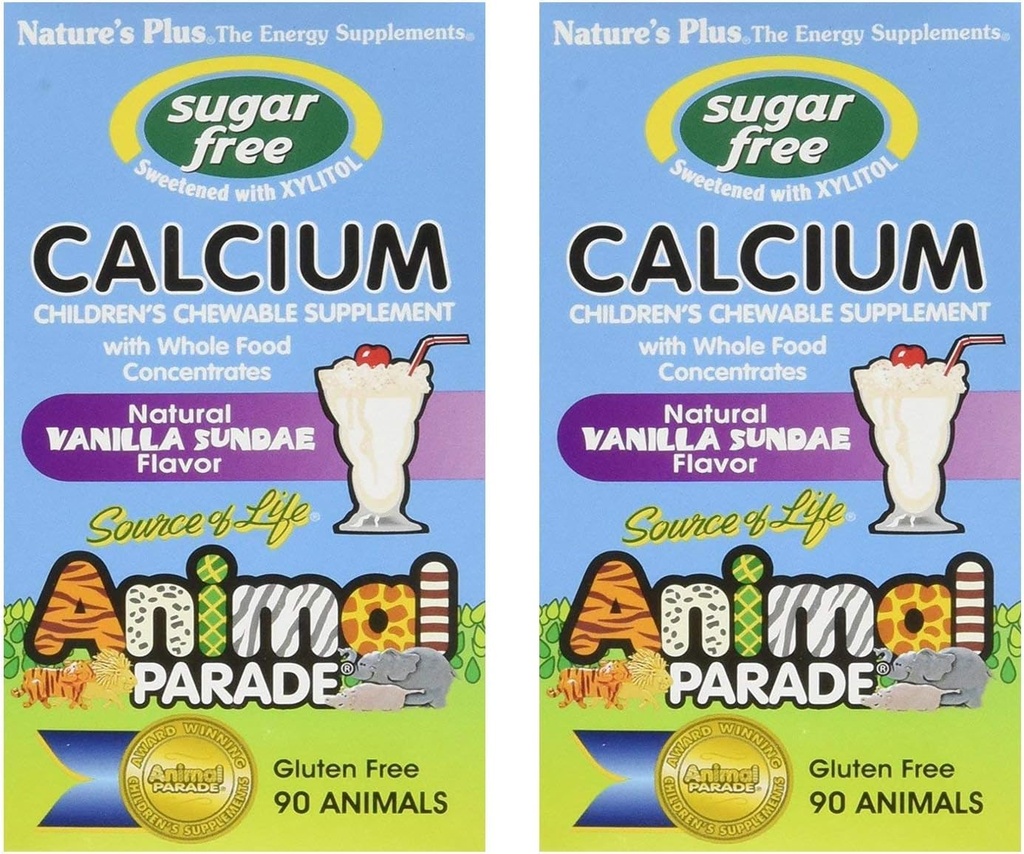 NaturesPlus Tier Parade Sugar-Free Kinder Kalzium, Vanille Sundae Flavor - 90 Chewable Animal Shaped Tablets, Paket von 2 - Magnesium für Knochengesundheit - Glutenfrei - 90 Servierungen