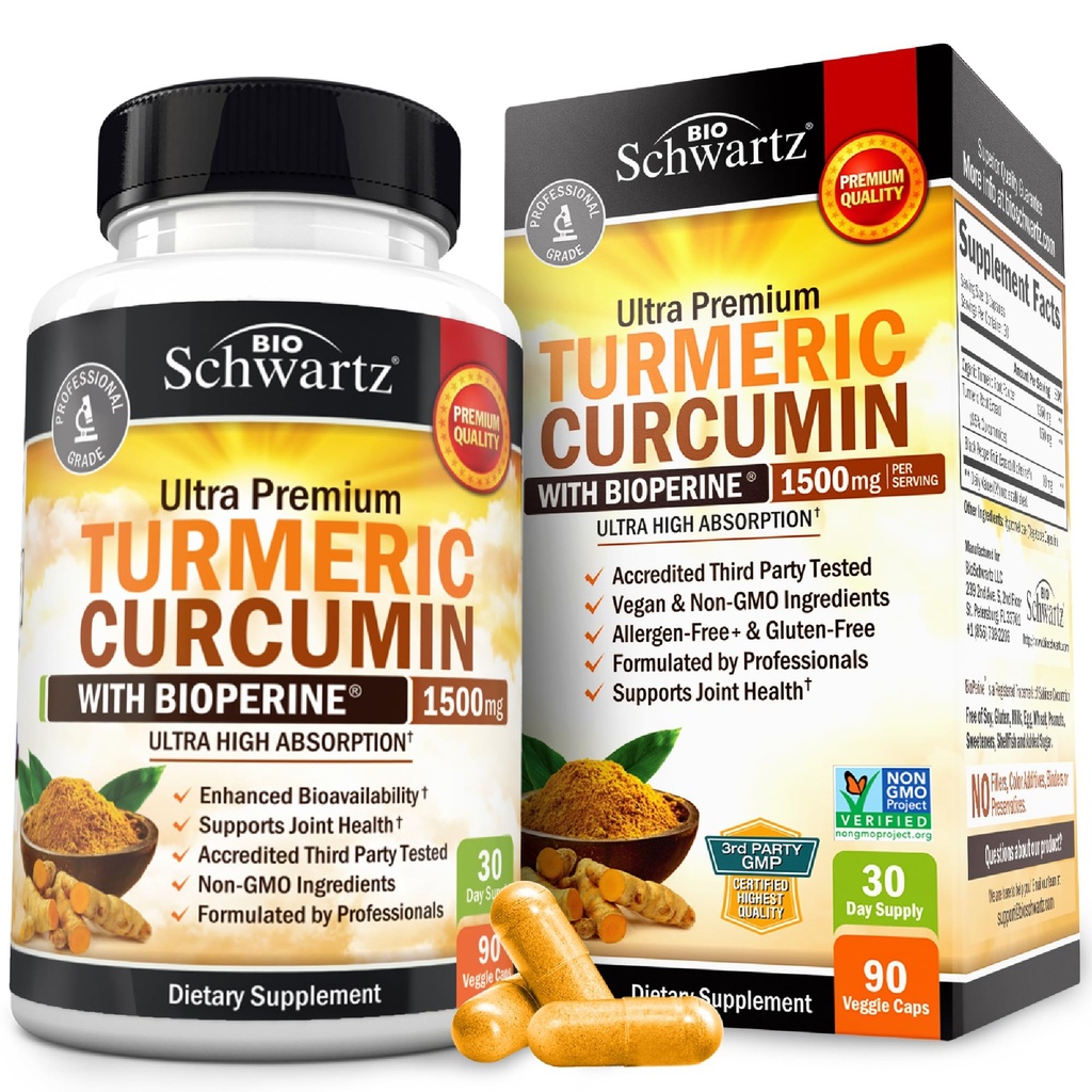 Curcumine curcumine avec extrait de poivre noir 1500mg - Supplément curcuma ultra-potent à haute absorption avec 95% Curcuminoides et BioPerine - Capsules Tumériques non OGM pour le soutien des articulations - 90 Capsules