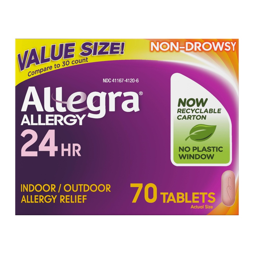 Allegra Comprimés antiallergiques adultes 24h/24, médicaments antiallergiques intérieurs et extérieurs non somnolents, 180 mg Fexofenadine HCI Antihistamine Pill, 70-Count