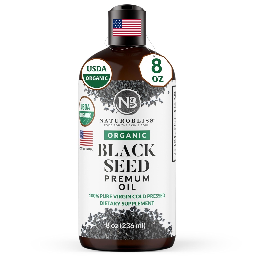 NaturoBliss Huile de graines noire biologique 100 Virgin Cold Pressed Omega 3 6 9 Super antioxydant pour le soutien immunitaire, les articulations, la mobilité, la digestion, la peau de cheveux végétalien, sans gluten, non-OGM USDA certifié 8oz