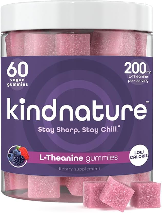 Kindnature L-Theanin Gummies 200mg - Ruhig & Fokus Ergänzung für Erwachsene & Kinder Alter 4+ - Stressunterstützung, mentale Klarheit & nicht-schläfrige Entspannung - Vegan, gemischte Beere, Nicht-GVO