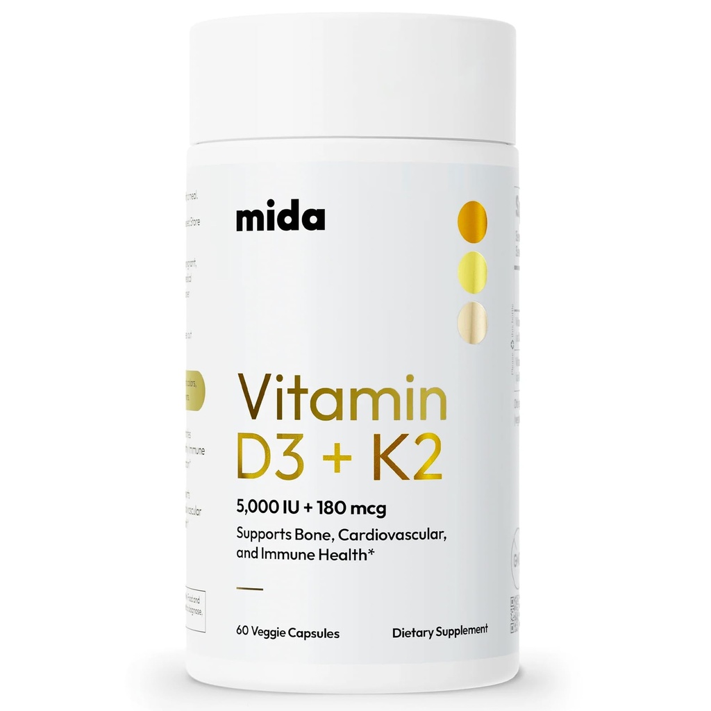 Mida Health® D3 K2 Vitamin 5000 IU mit MK-7 | Natürliche Ergänzung für Knochen, Herz und Immununterstützung | Adult Vegan Kapseln | 60 Servierungen