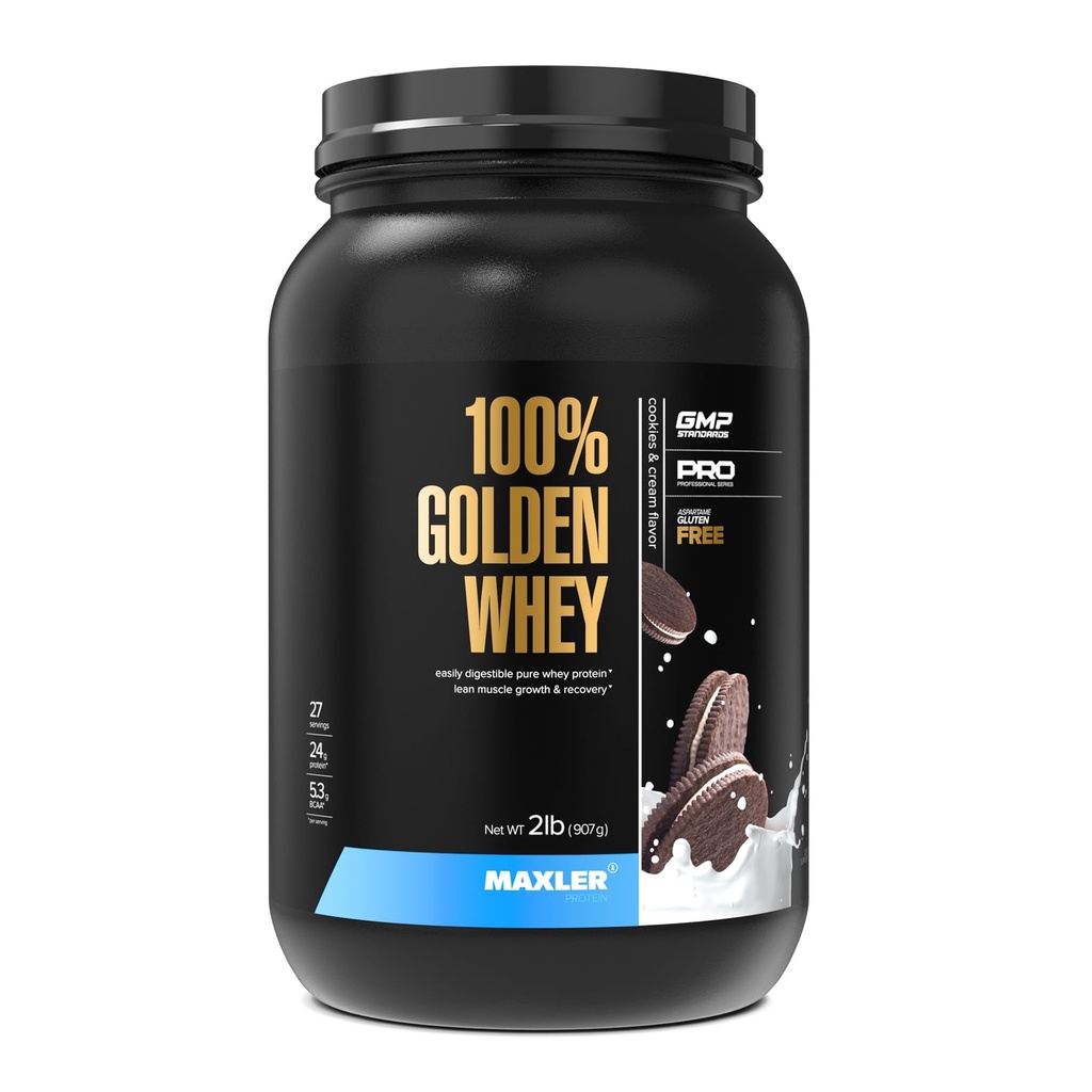 Maxler 100% Golden Whey Protein - 24g de protéines par portion - Premium Whey Protein Poudre pour pré-entraînement - Fast-Absorbing Whey Concentrate, Isolate & Hydrolysate Blend - Cookies & Crème 2 lb