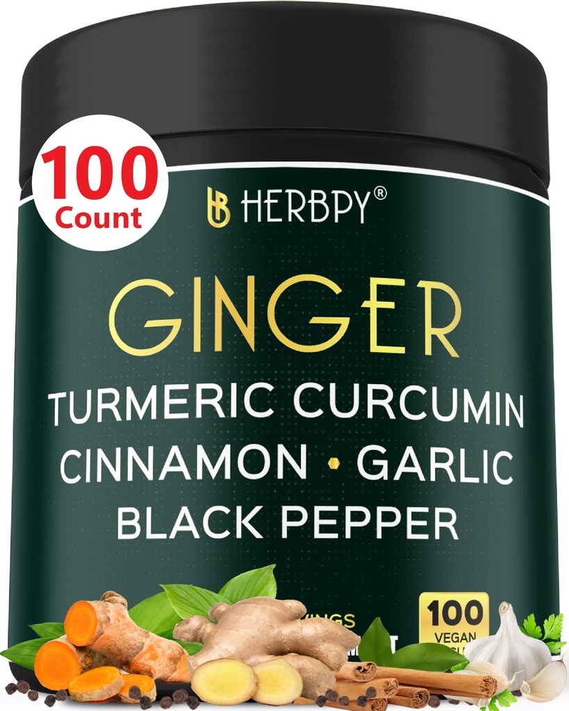 5in1 Ingwer und Kurkuma-Ergänzungen mit Ceylon Cinnamon, Knoblauch - Verdauung, Immun-, Gehirn- und Herzgesundheitsunterstützung - 100 Vegan Kapseln