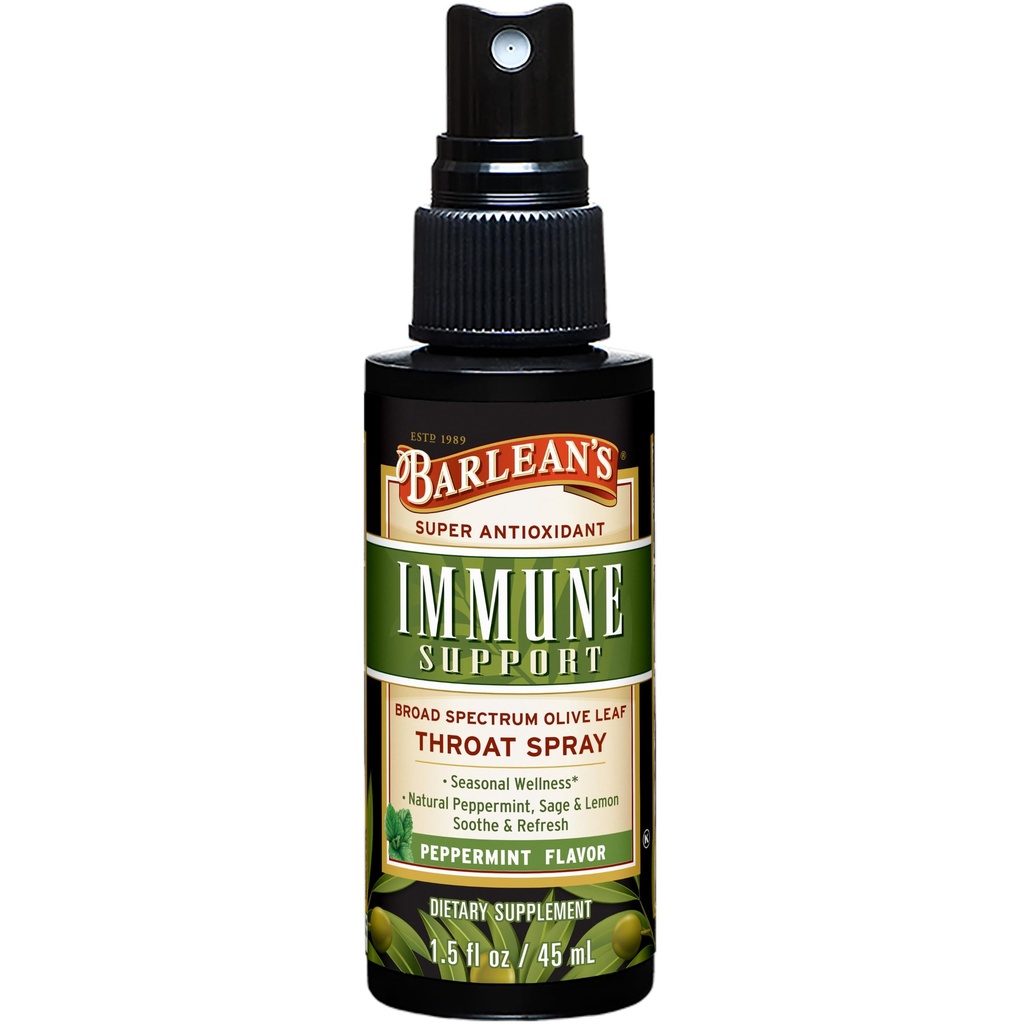 Barlean's Olive Leaf Complex Throat Spray, Immununterstützungsergänzung mit Pfefferminz, Zitronen und Salbei für Itchy Throat Relief, Liquid Blended Extract, 1.5 oz