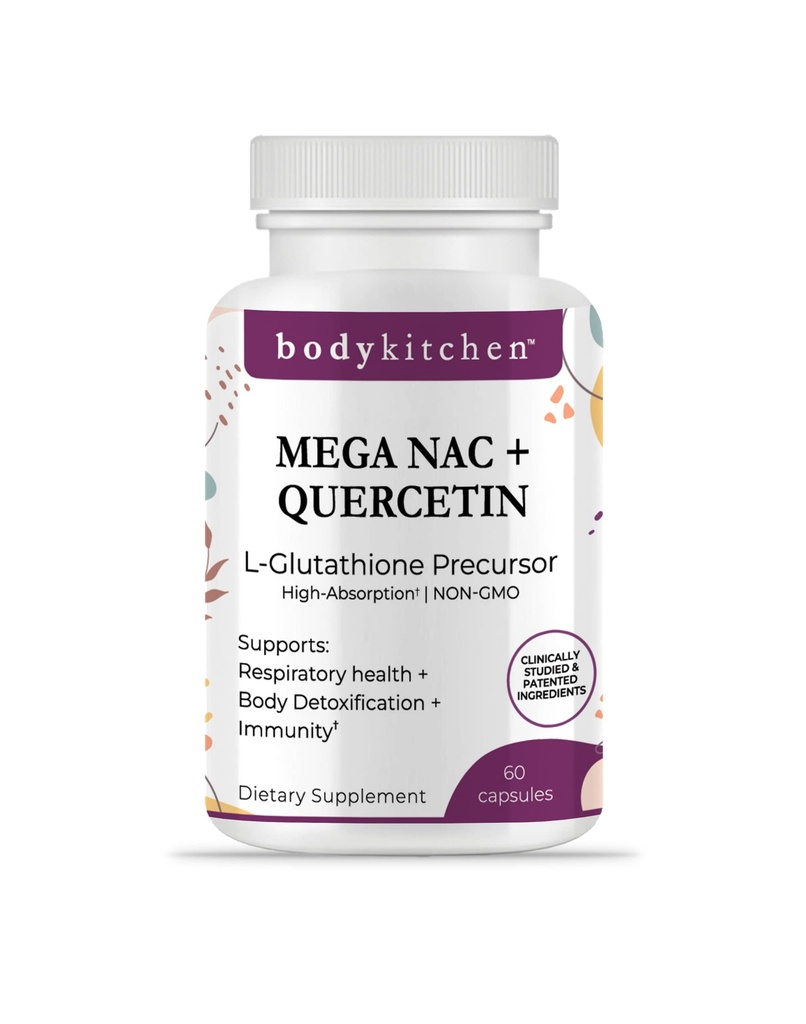 Cuisine corporelle Mega NAC (N-acétyl Cysteine) 600 mg avec Quercetin, soutient la santé respiratoire et la fonction immunitaire et favorise la désintoxication du foie et du rein, Veggie Caps, (paquet de 1)