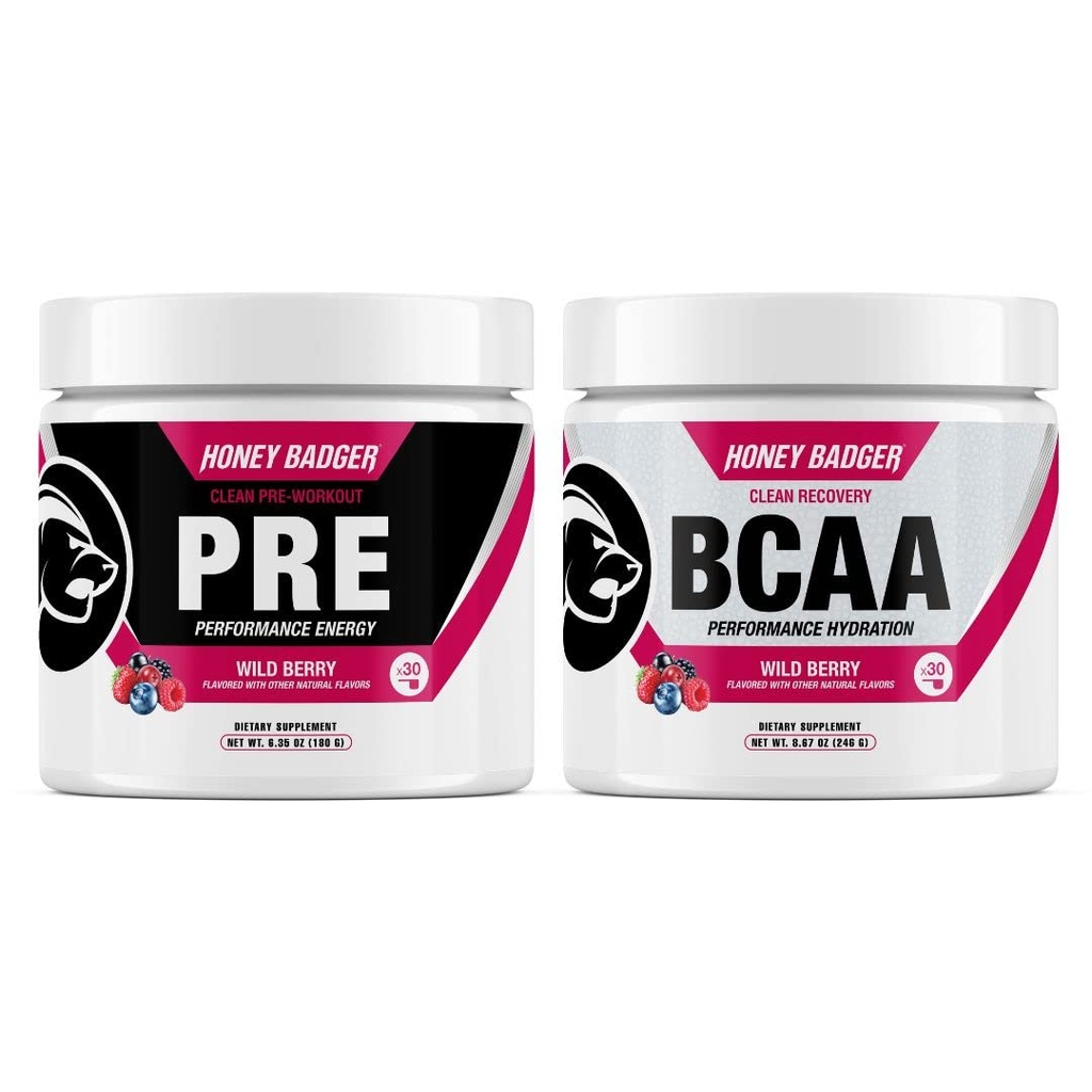 Blaireau de miel pré-entraînement poudre et BCAA acides aminos poudre bundle de beta Alanine, caféine et vitamine C + électrolytes de végétal Kéto sans sucre et paléo pour les hommes et les femmes de 30 portions (Berry sauvage)