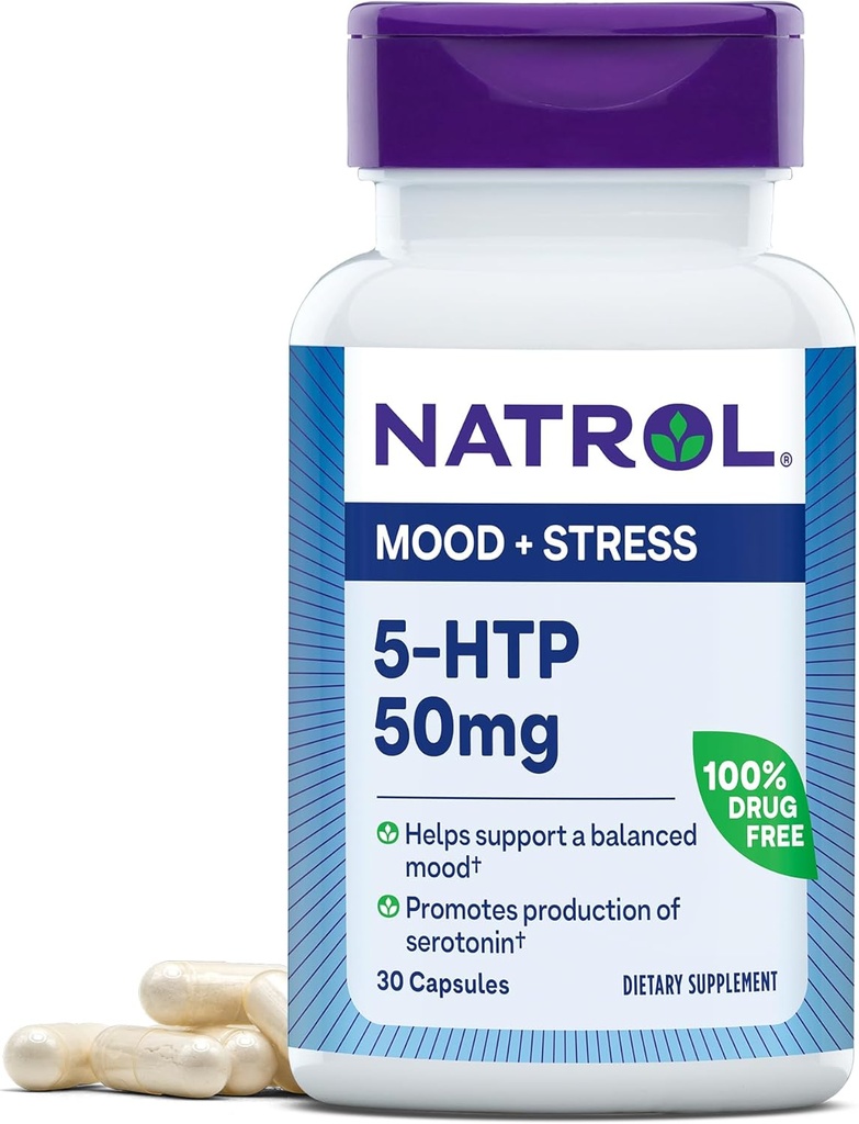 Natrol Mood & Stress 5-HTP 50mg, complément alimentaire aide à soutenir une humeur équilibrée, 30 capsules, 7-30 jours d'approvisionnement