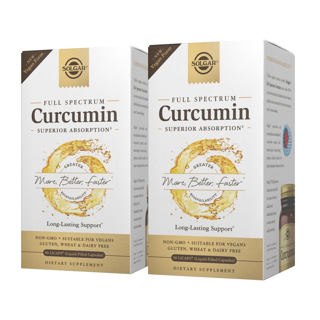 Solgar Full Spectrum Curcumin - 90 LiCaps, Paket von 2 - Überlegene Absorption - Gehirn, Joint & Immune Health - Non-GMO, Vegan, Glutenfrei, Dairy Free - 180 Gesamt Servietten