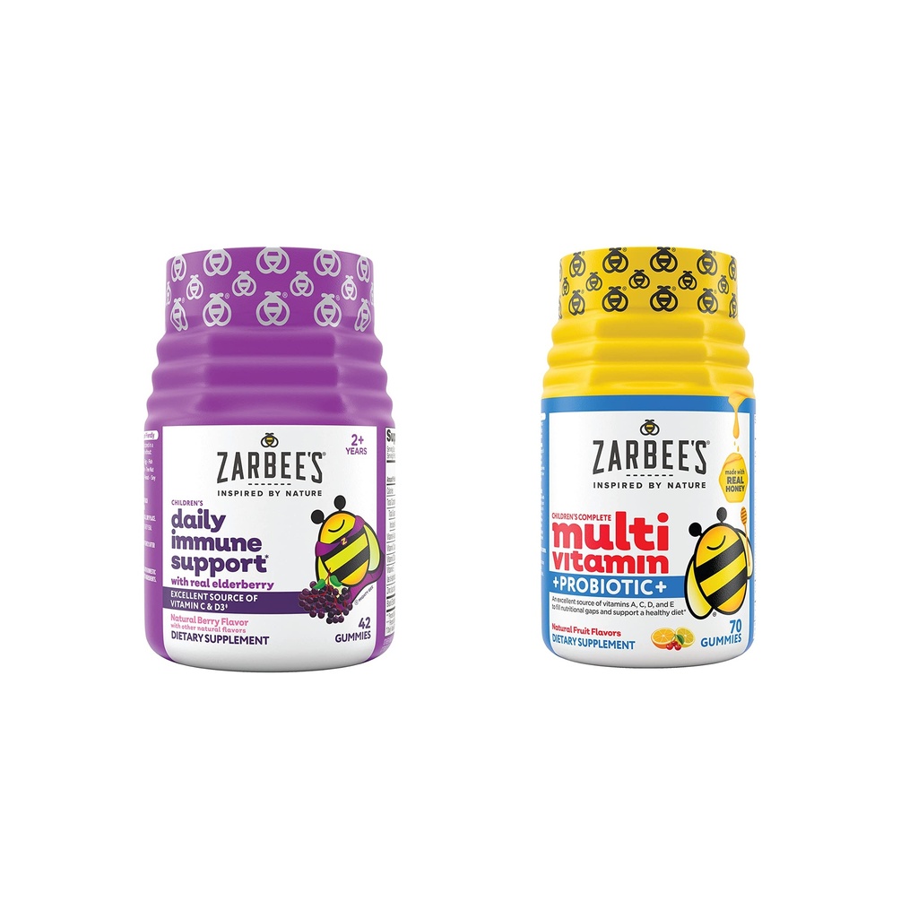 Enfants de Zarbee Daily Immune Support & Enfants Multivitamine + Probiotique Multipack, Immune Support Gommies avec Elderberry, Vitamine C & Zinc, 42 ct, & Vitamines pour enfants + Gommies probiotiques, 70 ct, 2 articles