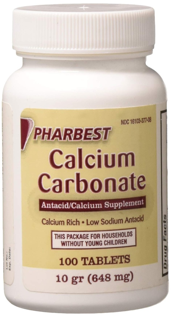 Pharbest Calcium Carbonate Antacid and Calcium Supplement 10 Grains - 100 Tablets by HARBEST