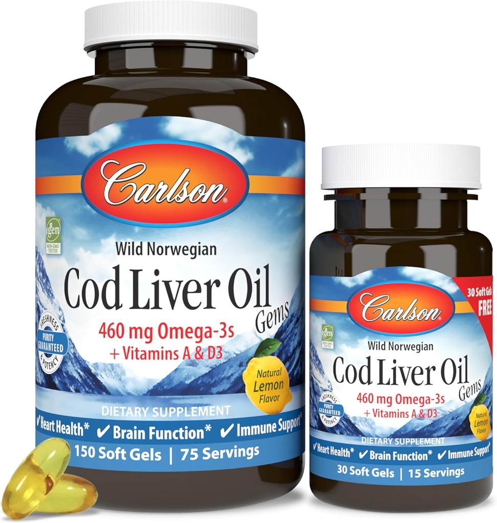 Carlson - Cod Liver Oil Gems, 460 mg Omega-3s + Vitamine A & D3, Wild-Caught Norwegian Arctic Cod Liver Oil, Sustainable Sourced Nordic Fish Oil Capsules, Zitronen, 180 Softgels