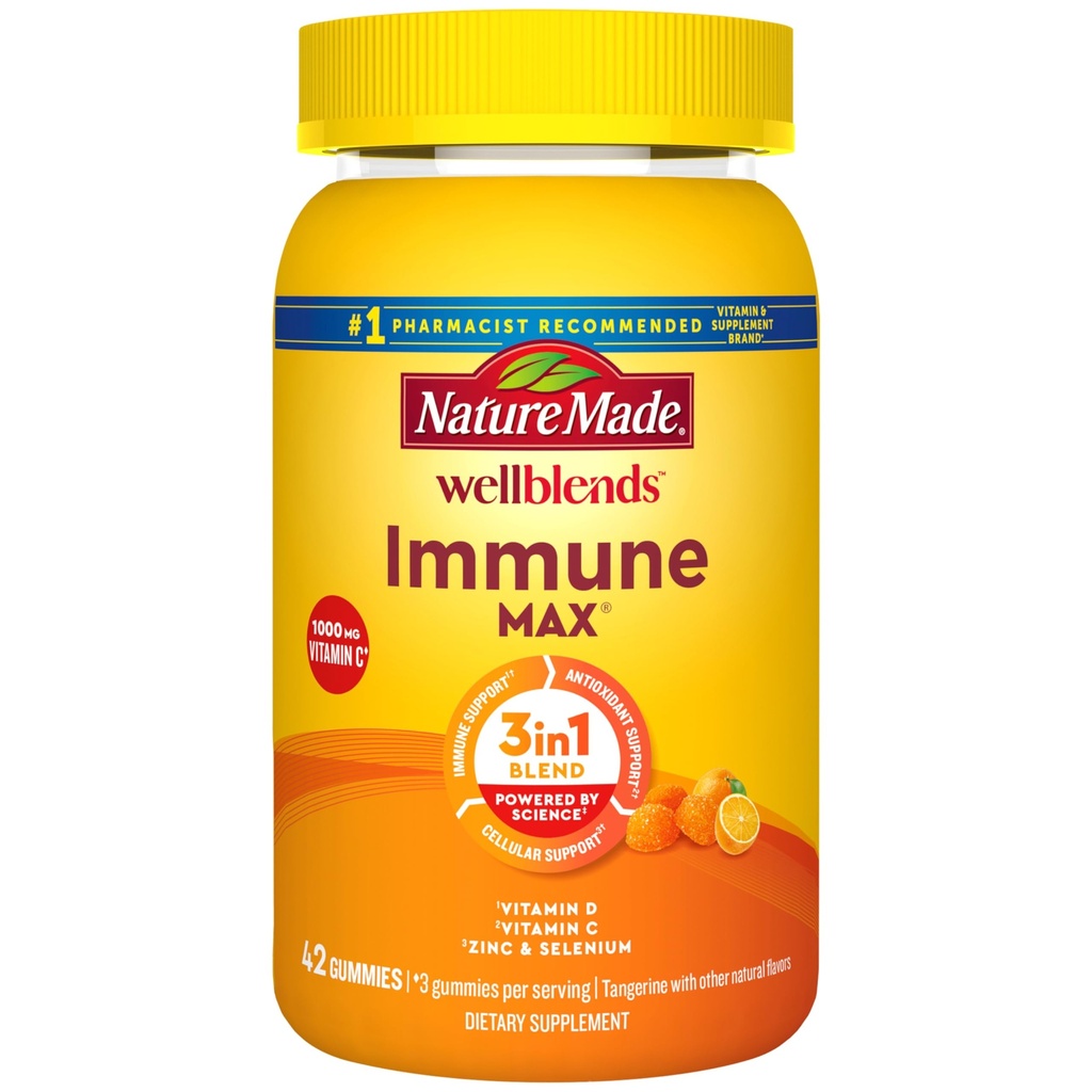 Natur gemacht Wellblends ImmuneMAX Gummie, Vitamin C 1000mg + Zink, Selen, & Vitamin D3 5000 IU, Immununterstützungsergänzung, 42 Gummi