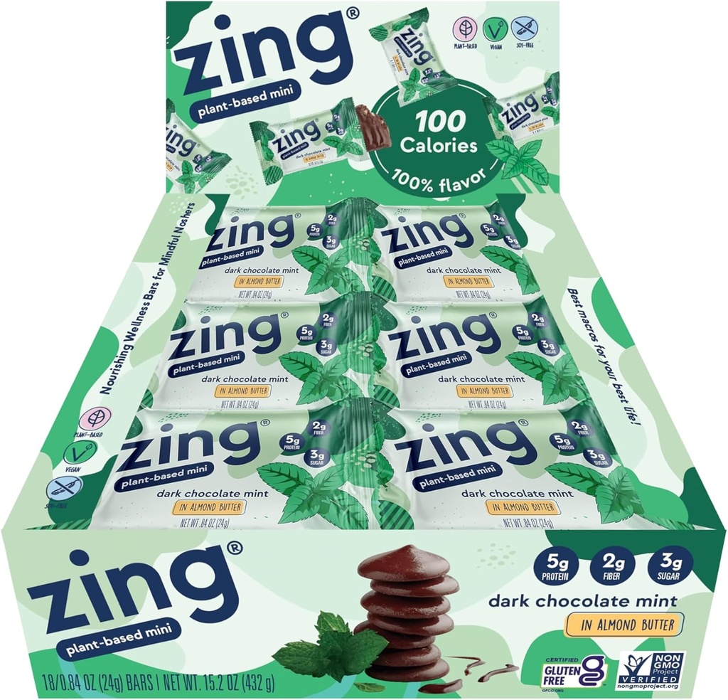 Zing Dark Chocolate Mint Kids Protein Bars, Gluten Free 100 Calorie Mini Bars mit High Protein, Vegan Nutrition Bars, Dairy Free Plant Based Protein, Kosher, Low Sugar, No Sugar Alcohols-18 count