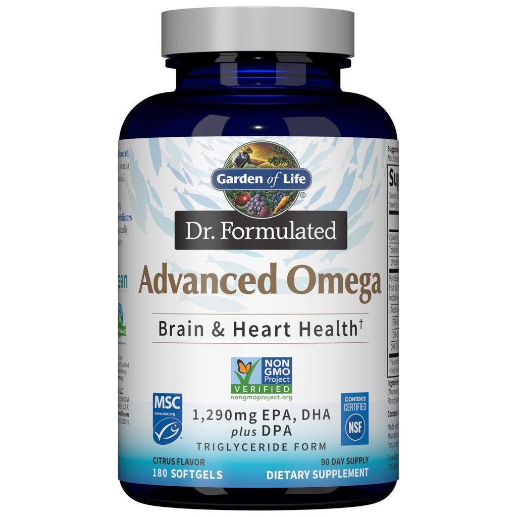 Garden of Life Dr. Formulé l'huile de poisson Omega avancée - Citron, 1,290mg EPA, DHA + DPA sous forme de triglycéride, supplément Omega 3 source unique pour la santé du cerveau et du coeur ultime, non-OGM, 180 Softgels
