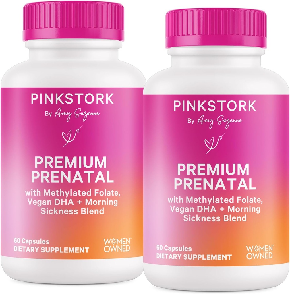 Pink Stork Premium Pränatales Vitamin für Frauen - Multivitamin & Probiotika - Frühkrankheit, Verdauung, & Energie - Folat, B6, & Eisen - 60 Kapseln - 2 Packung