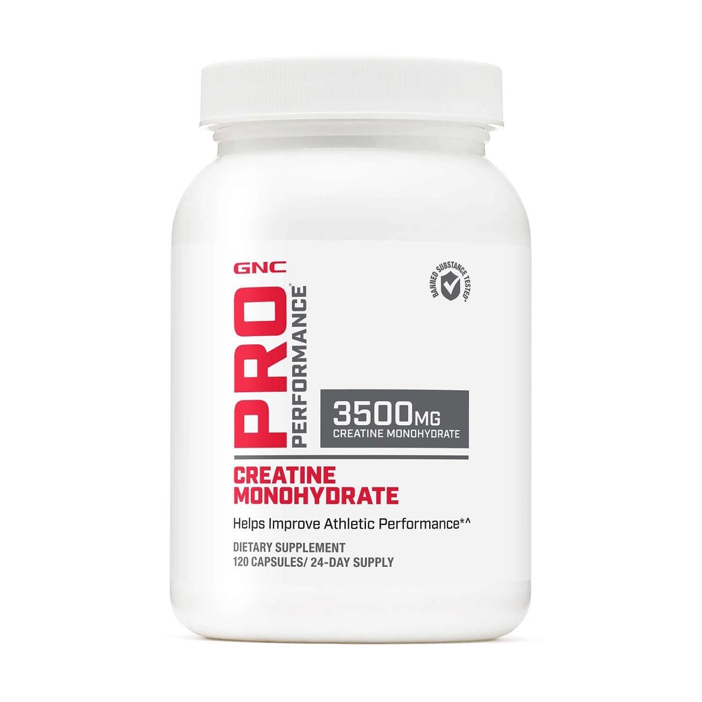 GNC Pro Performance Monohydrate de créatine 3,5g Supplément, améliore la musculation, l'endurance et la performance, 120 capsules, 24 portions