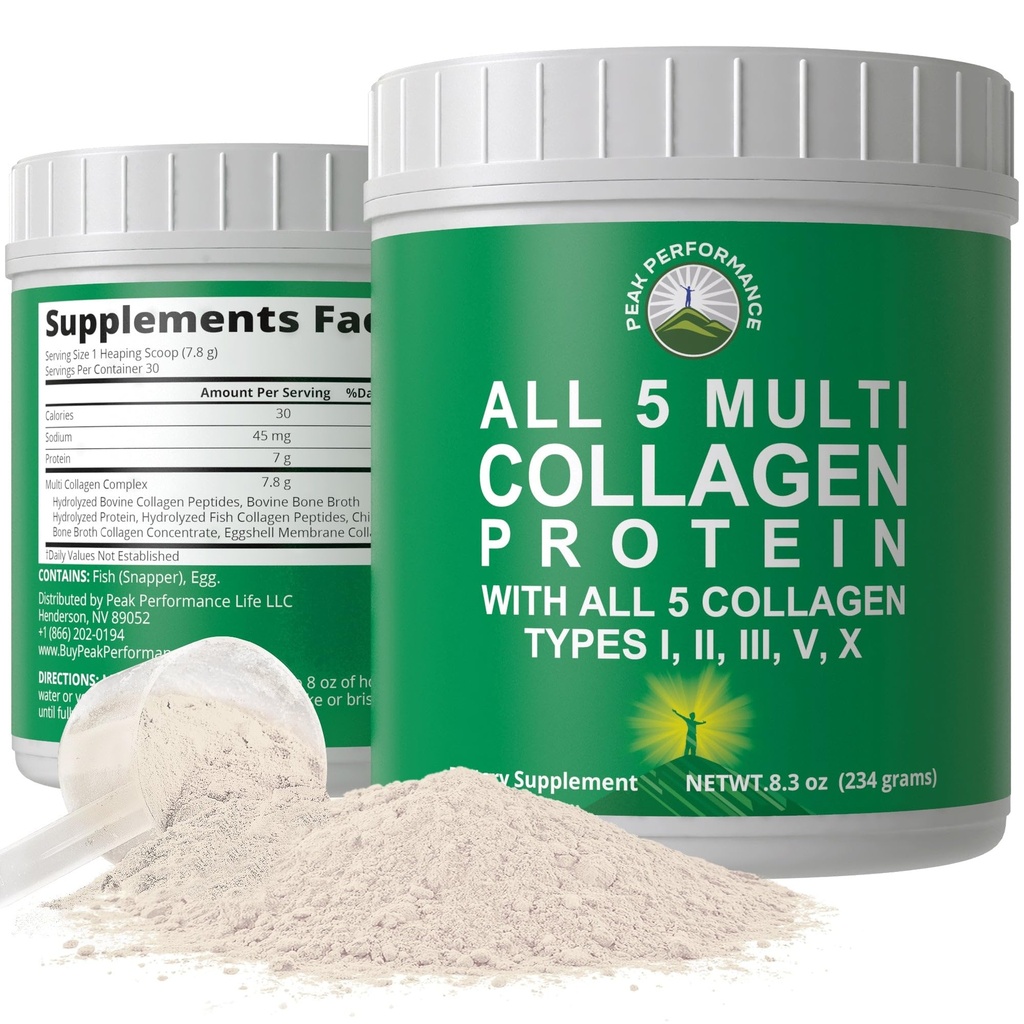 Peak Performance Alle 5 Multi-Collagen Protein-Pulver-Peptide Multi-Collagen enthält alle Arten I, II, III, V, X. Keto, Paleo Freundlich mit hydrolysierten Bovine, Marine, Huhn, Knochen Broth Collagens