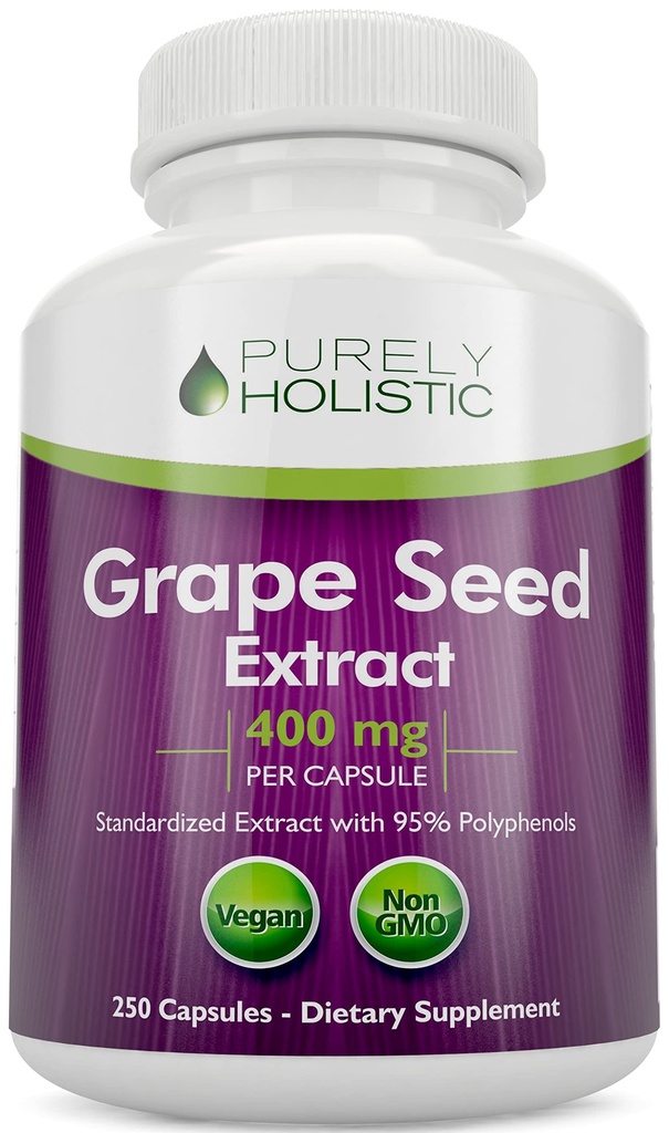 Extrait de graines de raisin purement holistique 20 000mg - 250 Capsules végétaliennes - 8 mois et plus - Standardisé à 95 % Polyphénols - 400 mg par Capsule - Concentration maximale Graines - Non-OGM & Sans pesticides