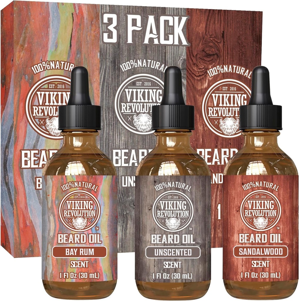 Huile de barde Viking Revolution pour homme 3 Pack - Huile naturelle de barde 2 Ensemble - Sandales, parfums de rhum et de baie - Conditionnement du barde et hydratant pour un ours sain (3 Pack, 1oz)