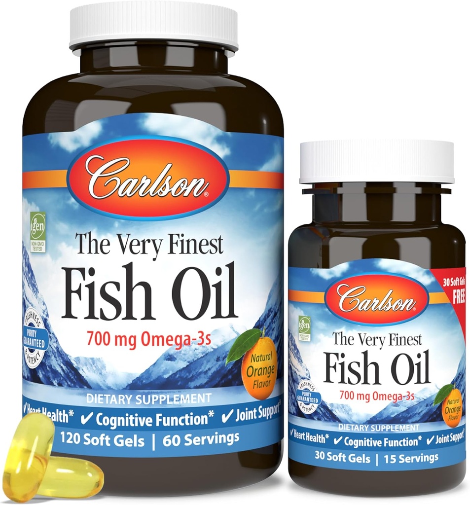 Carlson - Das sehr feinste Fischöl, 700 mg Omega-3s, Norwegische Fischöl-Ergänzung, Wild Caught Omega-3 Fish Oil, Sustainable Sourced Fish Oil Capsules, Omega-3 Supplement, Orange, 120+30 Softgels