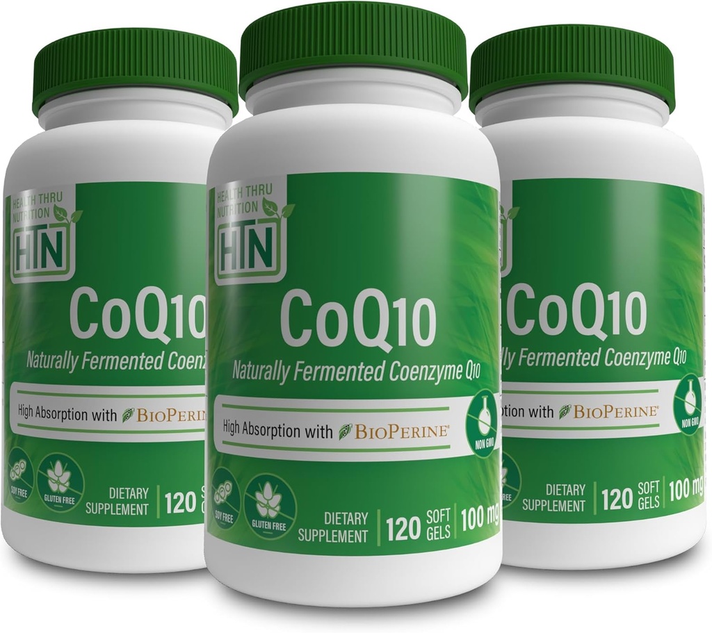 Gesundheit Thru Nutrition CoQ-10 100mg mit BioPerine (Pack von 3X 120 Softgels) | Hohe Absorption Natürlich vergütet USP Grade Coenzym Q10 | 3. Partei getestet | Herzgesundheit und Energieunterstützung