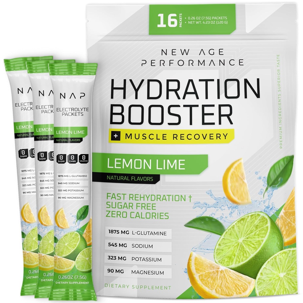 New Age Performance Hydration Packets, Elektrolyte Pulver, Flüssig Enhancer für Dehydration Relief, L-Glutamin Aminosäuren für Muskel-Workout-Recovery, Zucker Free & 0 Calorie, 16 Sticks (Lemon Lime)