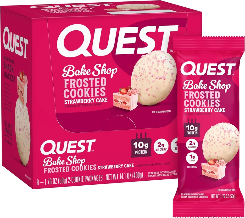 Quest Nutrition Biscuits congelés Twin Pack, Cake aux fraises, 1g de sucre, 10g de protéines, 2g de glucides nets, sans gluten, 16 cookies