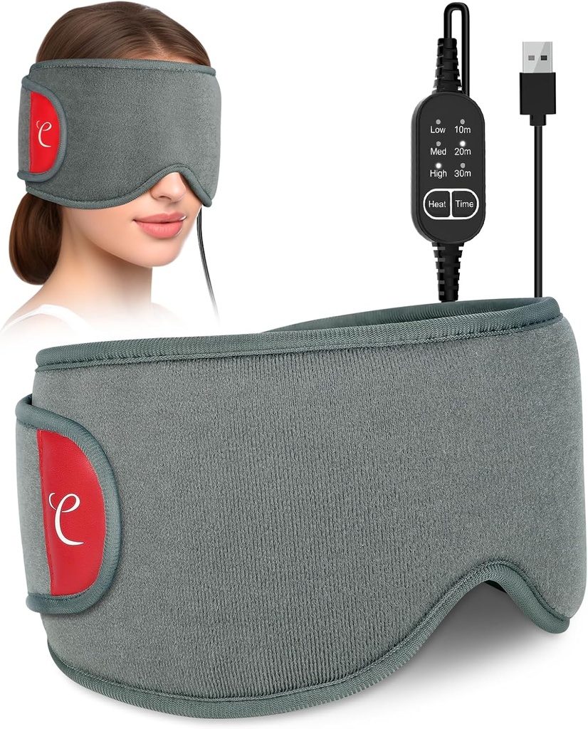 Masque d'oeil chauffé Comfytemp pour les yeux secs, tampon de chauffage des yeux portable USB, Masque de soulagement de la migraine Sinus maux de tête, Compresseur chaud pour les yeux avec 3 réglages de chaleur et de temps