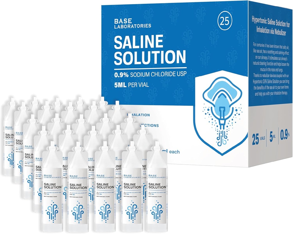 BASE LABORATOREN 0.9% Saline Lösung für Nebulizer Maschine | Saline Lösung für Inhalation & Nasal Bewässerung | 0.9% Konzentration l 25 Vials 5ml Einheit Dosierung
