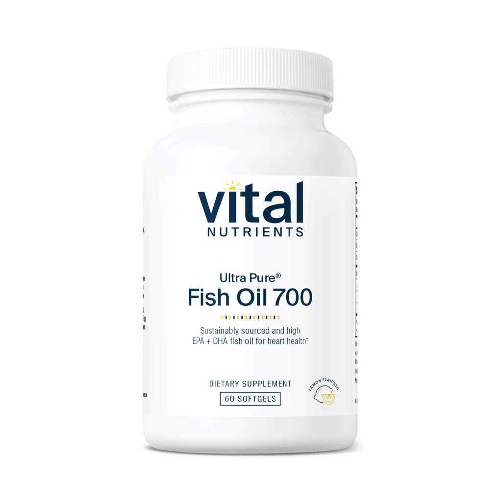 Vital Nährstoffe Ultra Pure® Fischöl 700 | Unterstützt Herz, Gehirn und Gelenke Gesundheit* | Sustainable Sourced High EPA & DHA Omega-3-Fettsäure | Lemon Flavor | Gluten, Dairy & Soy Free | 60 Softgels