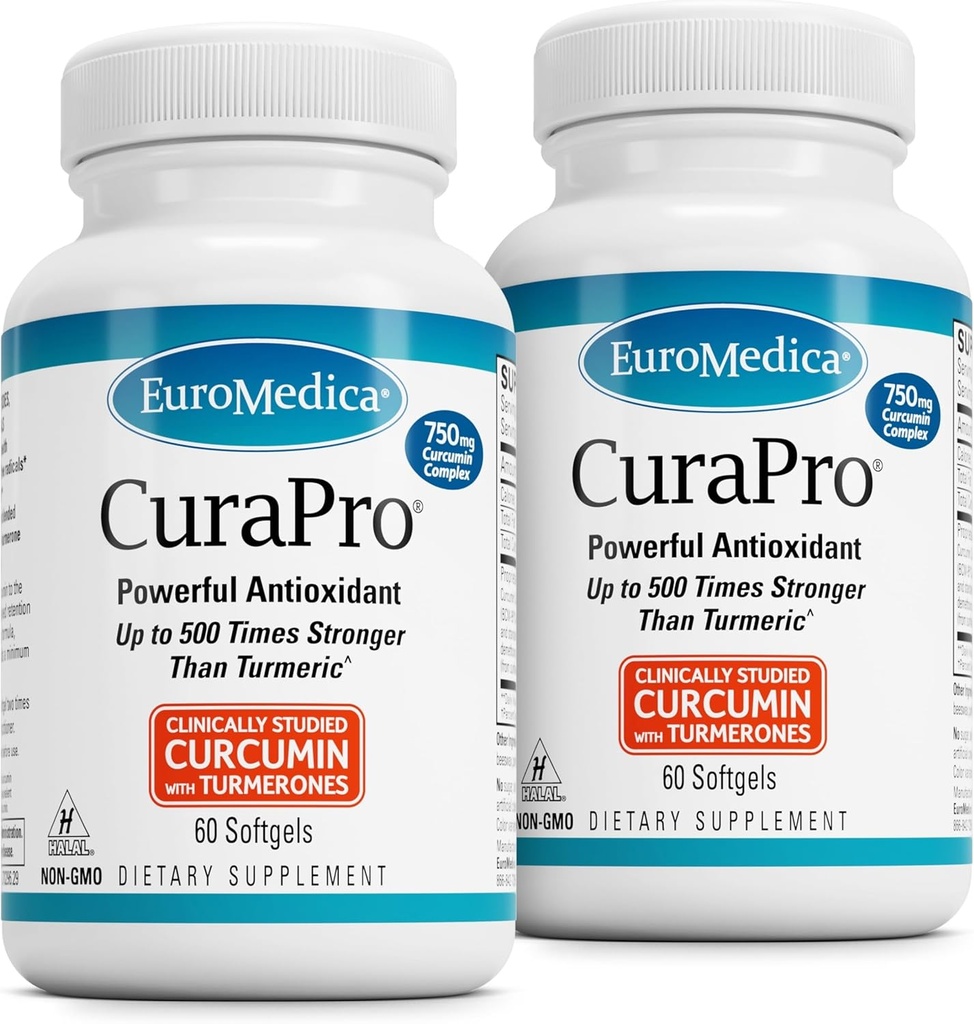 EuroMedica CuraPro - Supplément antioxydant pour le cerveau et le soutien de la santé immunitaire - Supplément diététique avec Curcumine et huile essentielle curcumine - Support du foie à base de plantes - 60 Softgels, 2 Pack (120 Softgels)