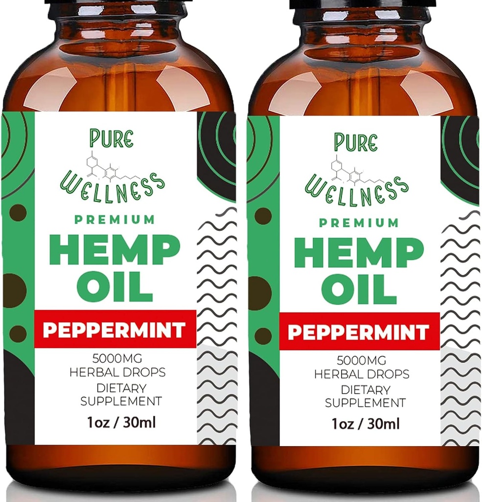 Pure Wellness Hanf Samen Öl Tropfen Pfefferminz Flavor für verbesserte kognitive Funktion, Omega 3 6 9 Fettsäuren, Bio, Non-GMO, Vegan (5.000mg 2-Pack)