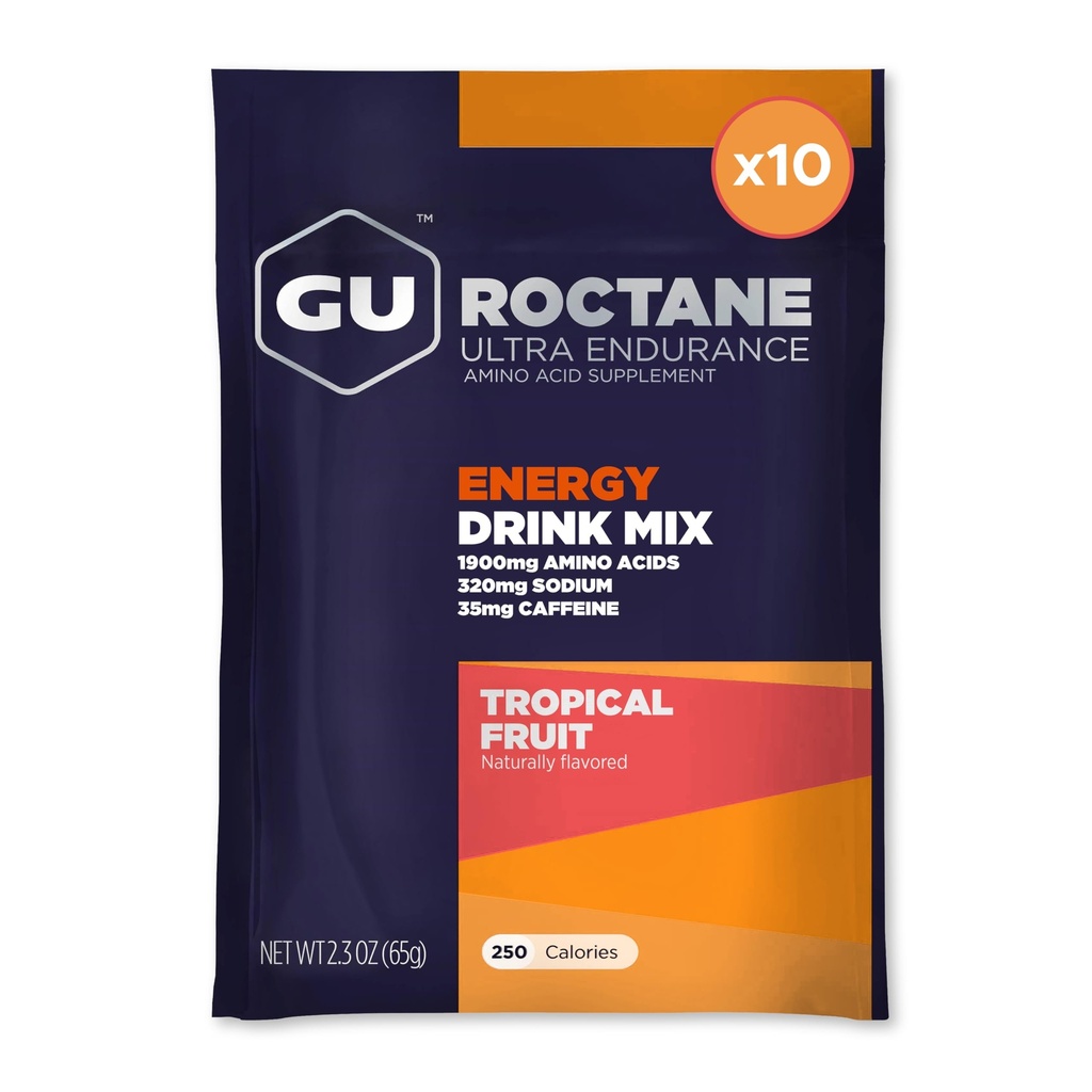 GU Energy Roctane Ultra Endurance Energy Drink Mix, végétalien, sans gluten, casher, 35mg de caféine, et sans lait n-the-Go énergie pour n'importe quelle séance d'entraînement, 10 paquets à un seul usage, fruits tropicaux