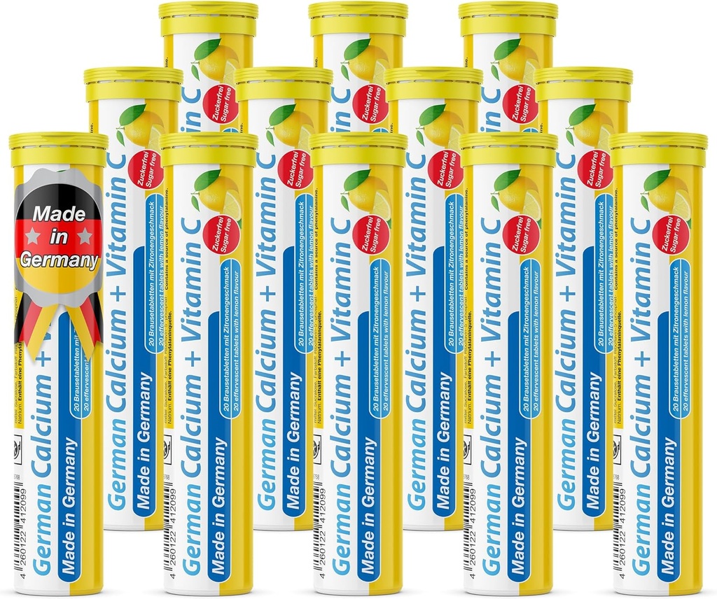 Deutsches Kalzium + VIT. C - 240 Vegan Drink Effervescent Tablets - Lemon Lime Flavor - Made in Germany