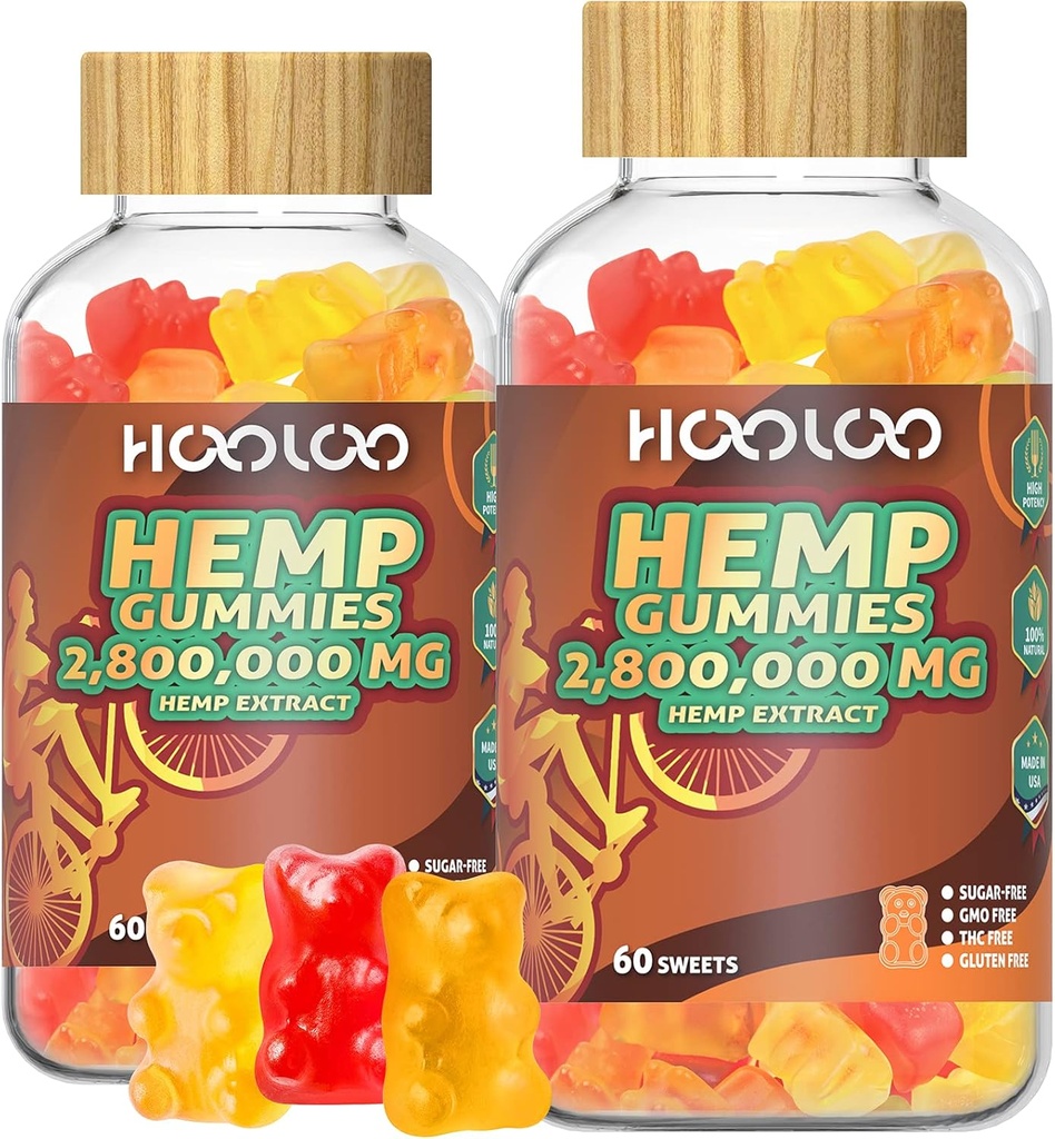 Gommies de chanvre HOOLOO pour les heures de lit et de focus plus heureux, force supplémentaire 2,800,000mg huile de chanvre infusée ours gommy fruits, sans sucre, 120ct comestibles, fabriqués aux États-Unis