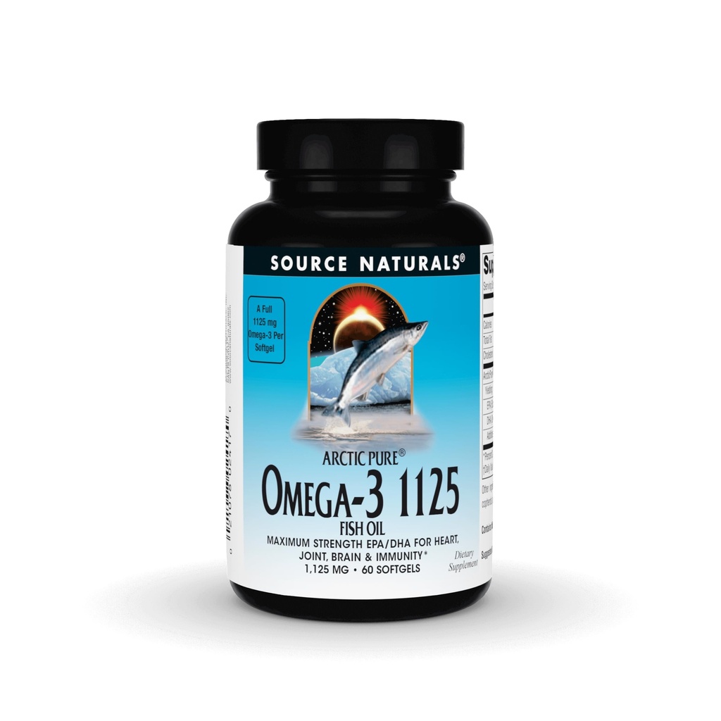 Source Naturelle Arctic Pure Omega-3 Huile de poisson, concentration maximale EPA/DHA pour le cœur, les articulations, le cerveau et l'immunité - 1125mg - 60 Softgels