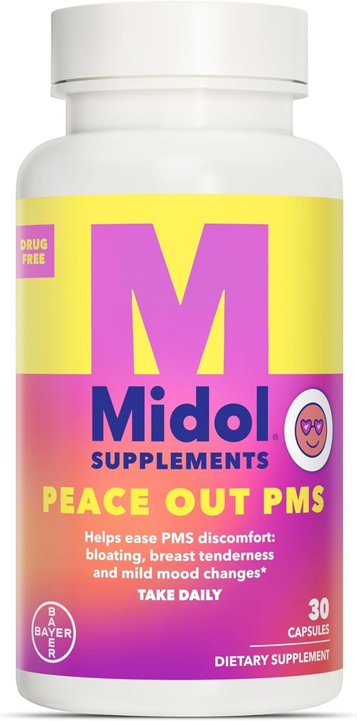MIDOL Suppléments Peace Out PMS, PMS Support Supplément, formulé avec Chasteberry pour aider à atténuer la sensibilité mammaire et les changements d'humeur légère, aussi avec la poudre de gingembre et l'extrait de valérian, 30 comtes